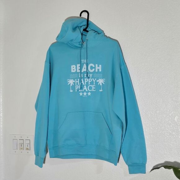 Blue Hoodie - "The Beach is My Happy Place"  size L. - Picture 1 of 11